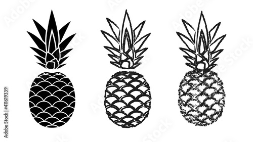 Pineapples varieties icons. Black fruits with shaggy scales and tops organic vitamins exotic food and healthy vector juice.