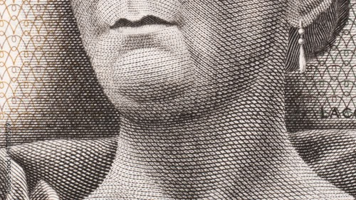 Josefa Ortiz de Dominguez portrait on on Mexico 5 pesos (1971) banknote vertical tracking. Slider shot photo