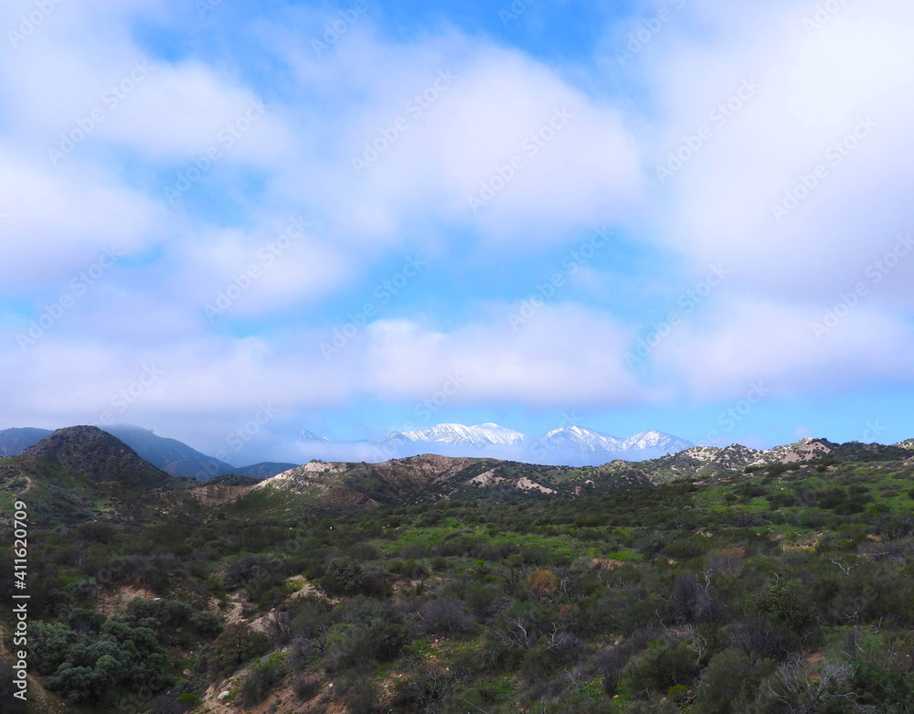 Scenic view of the snow-covered San Bernardino Mountains in southern California.