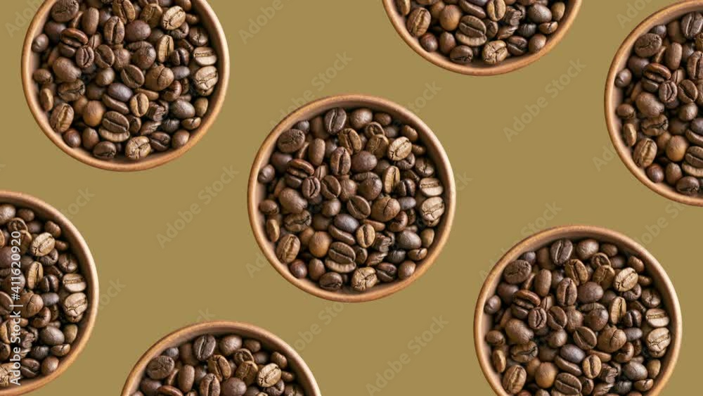 Roasted coffee beans in bowls in geometric pattern on a brown background. Seamless food animation concept background Roasted coffee beans in bowls in geometric pattern on a brown background. Seamless food animation concept background