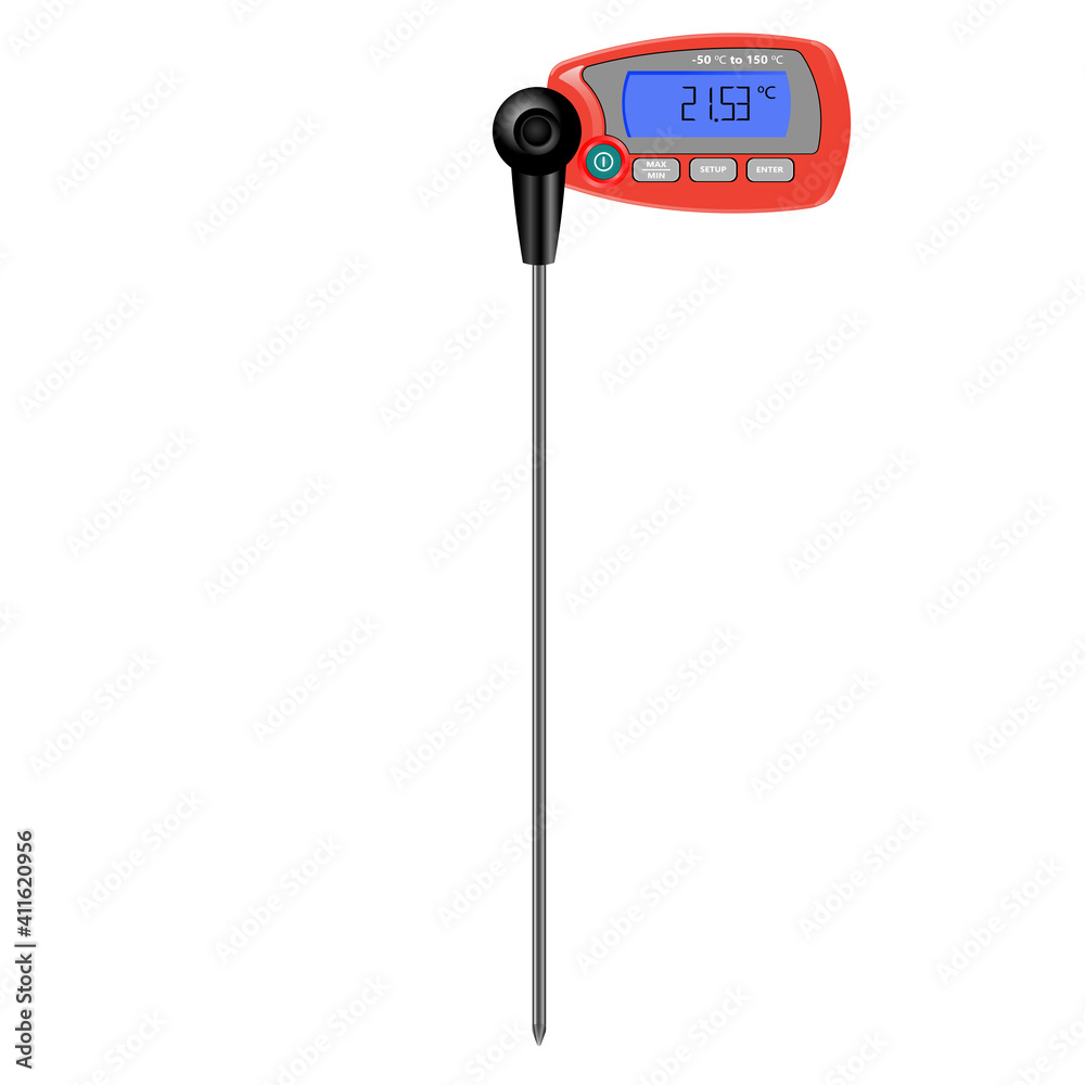 Thermometer. Large temperature range. The stainless steel probe and digital readout. White background.