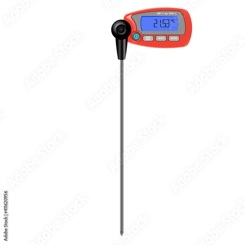 Thermometer. Large temperature range. The stainless steel probe and digital readout. White background.