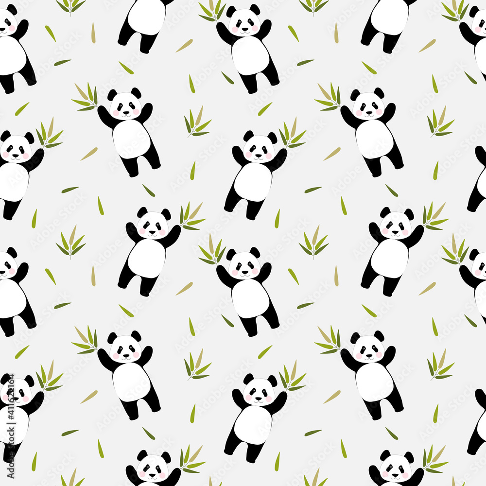 Seamless pattern with cute pandas holding a bamboo branch in their paws. Chinese bear for printing on fabric, textiles, bedding, holiday paper. Seamless pattern with cute pandas holding a bamboo branch in their paws. Chinese bear for printing on fabric, textiles, bedding, holiday paper.