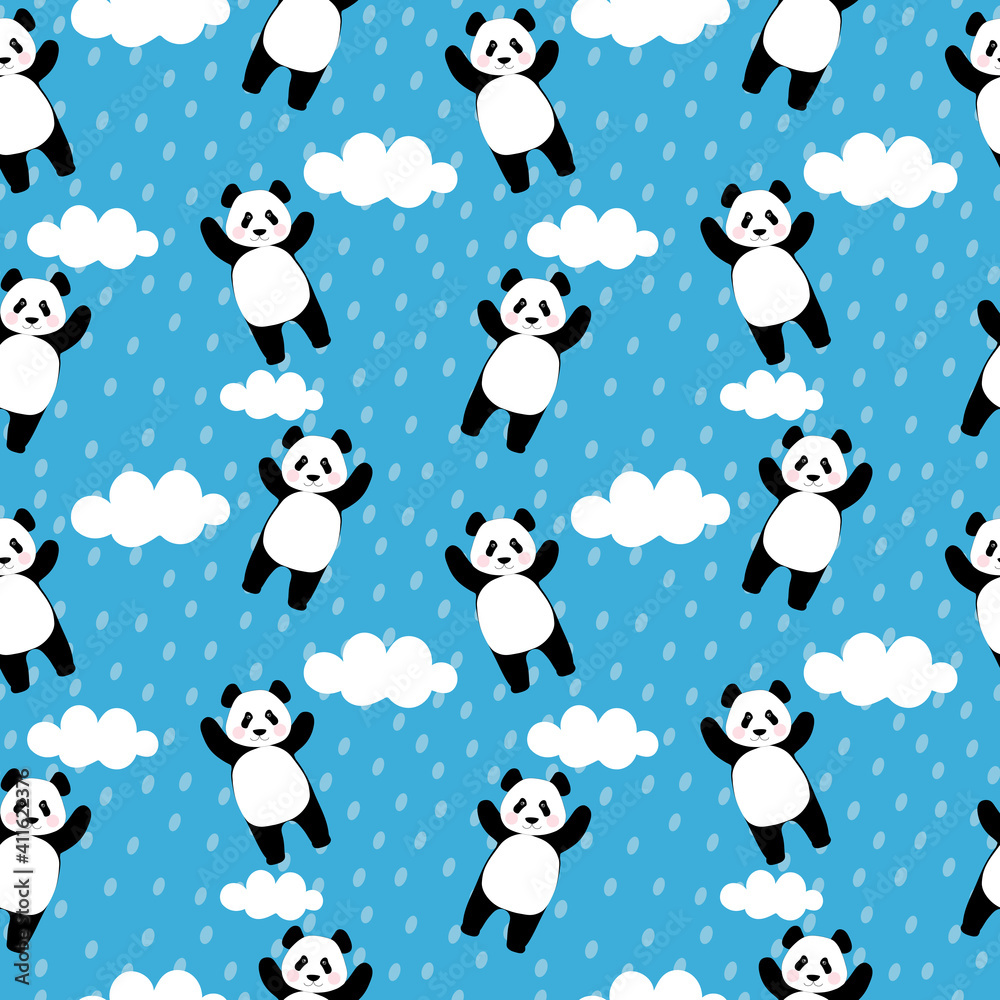 Seamless pattern with dreamy pandas and clouds in the blue sky. Chinese bear for printing on fabric, textiles, bedding, festive paper. Seamless pattern with dreamy pandas and clouds in the blue sky. Chinese bear for printing on fabric, textiles, bedding, festive paper.