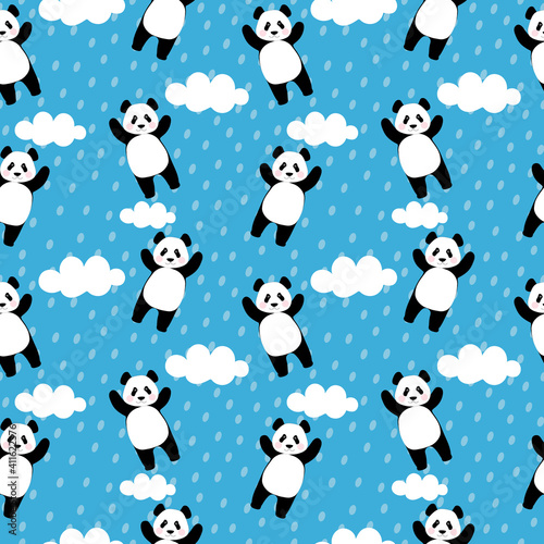 Fototapeta Naklejka Na Ścianę i Meble -  Seamless pattern with dreamy pandas and clouds in the blue sky. Chinese bear for printing on fabric, textiles, bedding, festive paper. 