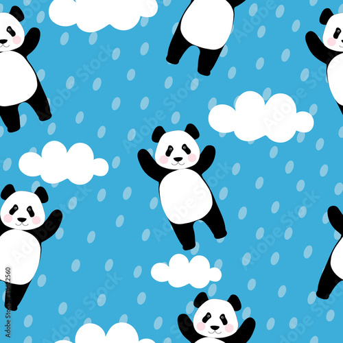 Seamless pattern with dreamy pandas and clouds in the blue sky. Chinese bear for printing on fabric, textiles, bedding, festive paper. 