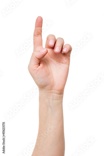 Hand touching virtual screen isolated on white background. Female hand doing a number one gesture