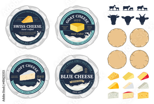 Vector cheese round labels and cheese wheels wrapped in paper. Different types of cheese detailed icons, milk splashes and dairy animals silhouettes