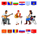 Folklore Music trio Greek, Turkish and Serbian musician guslar on  gusle instrument. Bouzouki player and oriental Balgama zurna. Bosnia folk artists. Arab man play oud, lute mandolin. Balkan flags set
