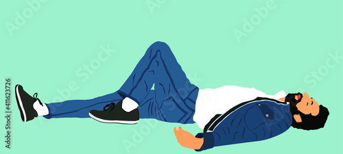 Homeless man sleeping on street in park vector. Migrant resting on ground. Social crises. Refugee boy sleep. Unconscious collapsed man laying down. Tired boy rest outdoor in park.
