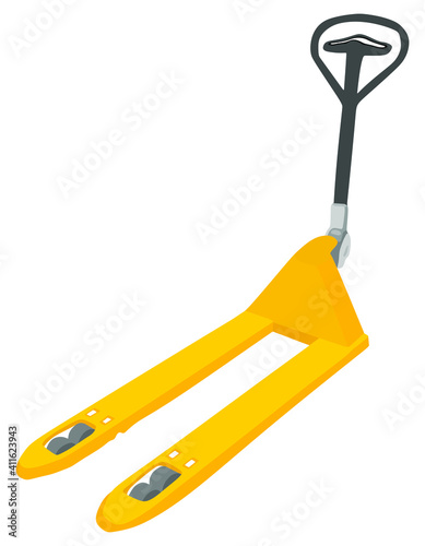 Hand pallet truck vector illustration isolated on white background. Warehouse equipment for goods transportation. Pallet jack and stack for cardboard boxes distribution.