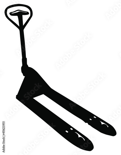 Hand pallet truck vector silhouette illustration isolated on white background. Warehouse equipment for goods transportation. Pallet jack and stack for cardboard boxes distribution.