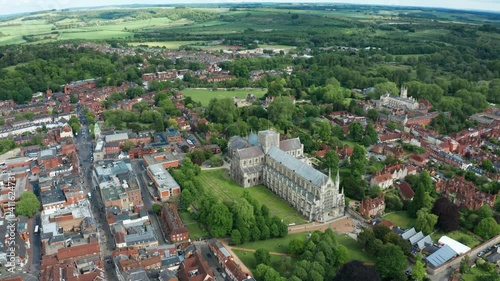 Flight over scenic Winchester Cathedral in England