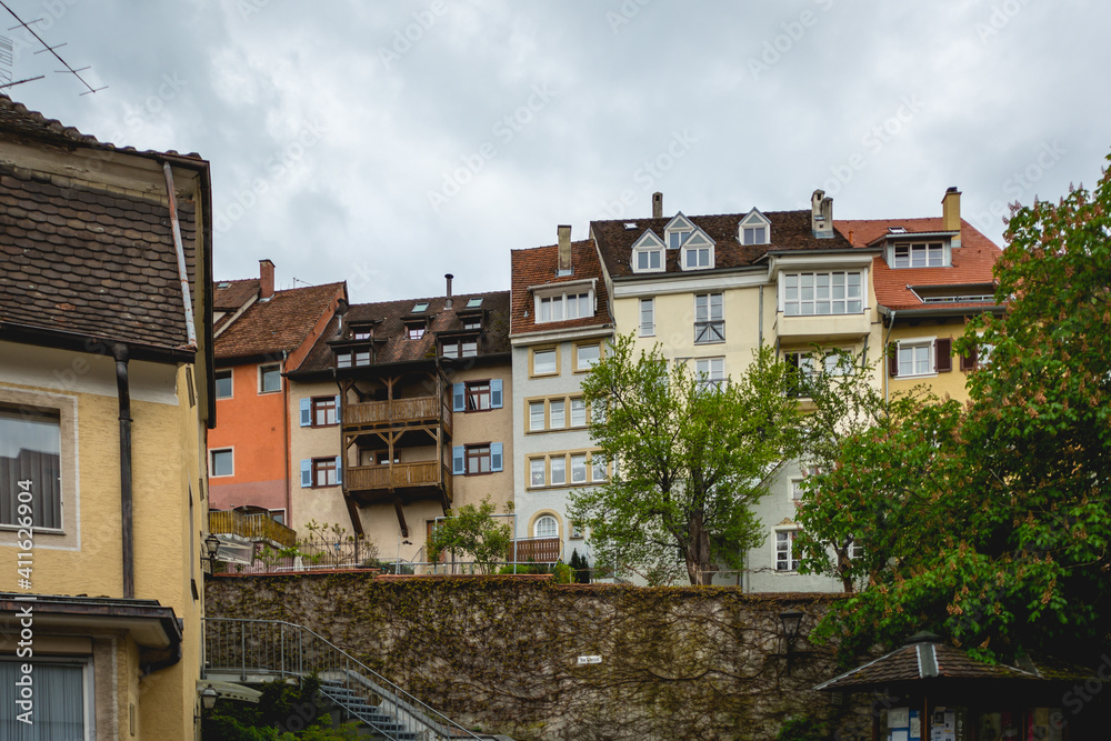 May 5 2019 - Engen, Germany: Colorful old buildings in the historic center of Engen