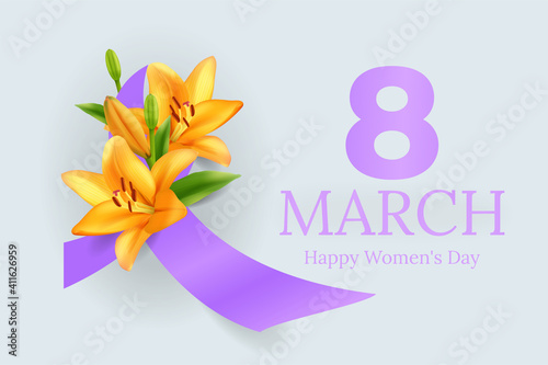 8 March greeting card with orange lily and purple ribbon on grey background and lilac color paper number 8. International women's day postcard, banner, poster, placard, flyer. Vector illustration