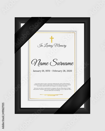 Funeral photo frame with black ribbon in corner, name, birth and death dates. Funeral mourning border and font in loving memory on black background. Vector illustration