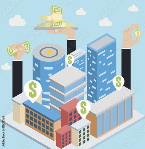 City advertising illustration. Vector background. Cityscape with white blank billboards and banners. Business promotion and advertisement concept.