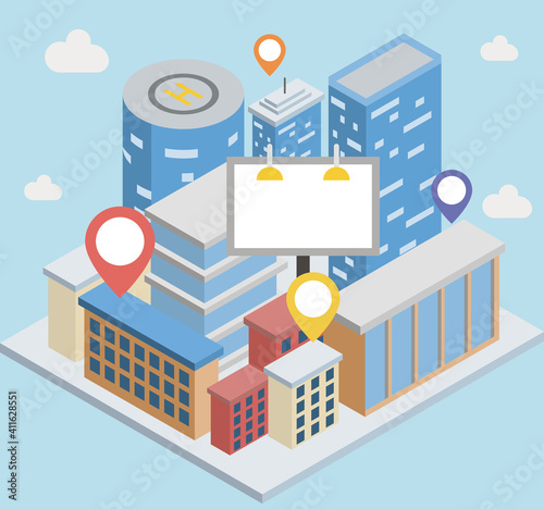 City advertising illustration. Vector background. Cityscape with white blank billboards and banners. Business promotion and advertisement concept.