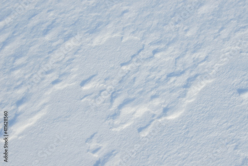 Fresh clean white snow background texture. Winter background with frozen snowflakes and snow mounds. Snow lumps. Seasonal landscape details. Cold weather.