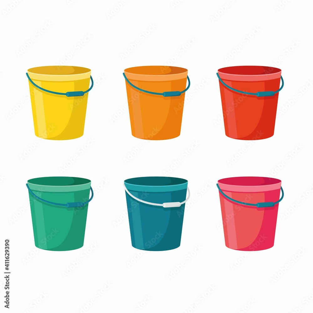 Six buckets on a white background red, orange, yellow, green, pink and blue Six buckets on a white background red, orange, yellow, green, pink and blue