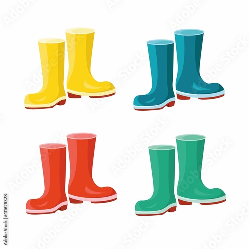 Set of colored rubber boots. Vector illustration isolated on white background.