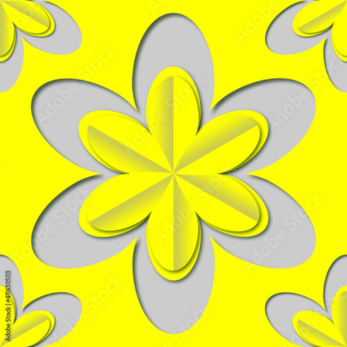 Seamless raster pattern in cut paper style. Yellow flowers on a gray background. 3D image.