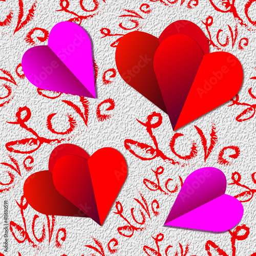 Seamless raster pattern with red and lilac hearts on a rough light textured background with red lettering 