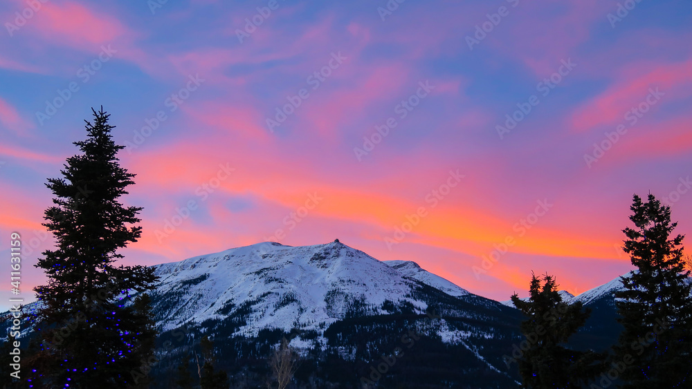 Beautiful sunset sky over a mountain in Jasper national park, Canada