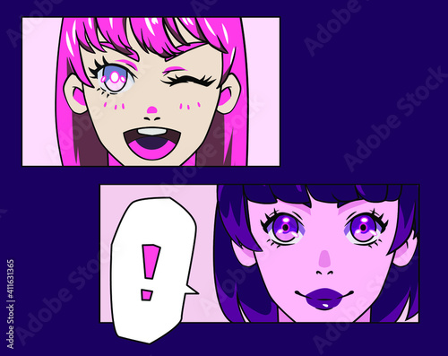 Trendy pop art style poster with anime girl personage. Page of the manga comics book with cute cartoon character.