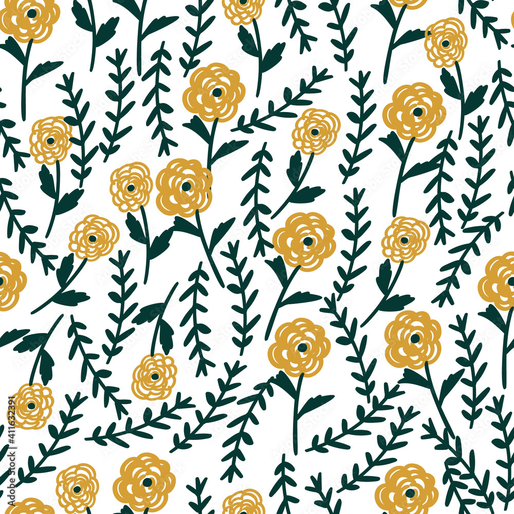 Fototapeta premium seamless floral pattern with hand-drawn ranunculus flowers vector illustration. Good for card, fabric, wallpaper, stationary,print, cover.