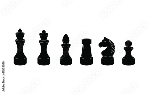 Set of black chess pieces. Chessmen silhouette drawing. Vector illustration for board game.