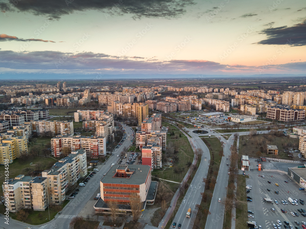 Sunset at residential building from the communist period in Plovdiv, Bulgaria