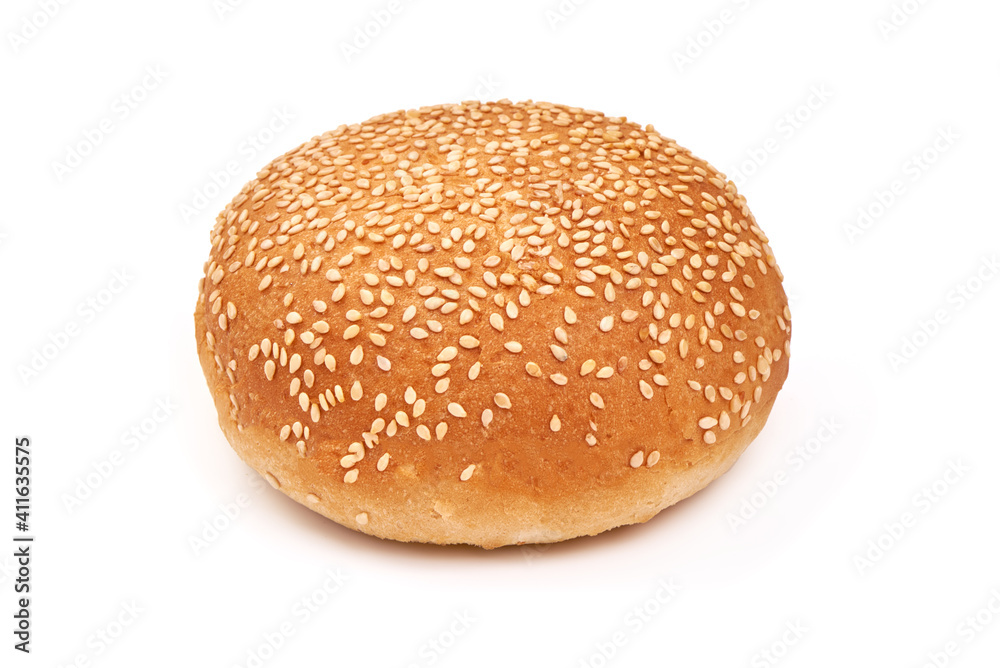 Burger buns with sesame seeds, ingredients for hamburger, isolated on white background Burger buns with sesame seeds, ingredients for hamburger, isolated on white background