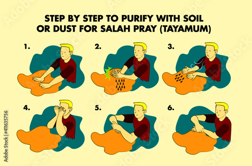 tutorial tayamum is mean step by step to purify with soil or dust for salah pray, background vector illustration