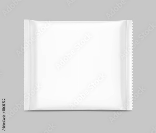 Hight realistic square flow packaging mockup. Vector illustration. Can be use for your design, promo, adv and etc. Possibility for food, pharmaceutical, cosmetic. EPS10.