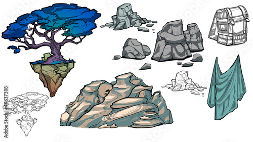 Clip art hand-drawn graphics fantasy fairy line tree coloring book blue leaves 2d drawing game art icon mountain of stones rocks texture simple flat illustration backpack outline fabric drapery 
