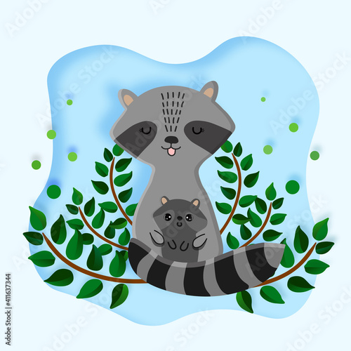 Happy mother's day postcard.  Mom raccoon  with a child in the bushes.  Perfect for posters,  postcards, page, banner design. 