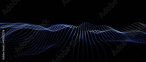 Wave of points and lines. Abstract background with dynamic wave. Dots in space. 3d rendering.