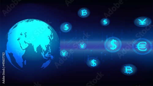 World money with financial communications.World wide web electronic cryptocurrency and modern technology.Online banking Vector modern technology and financial communications concept.