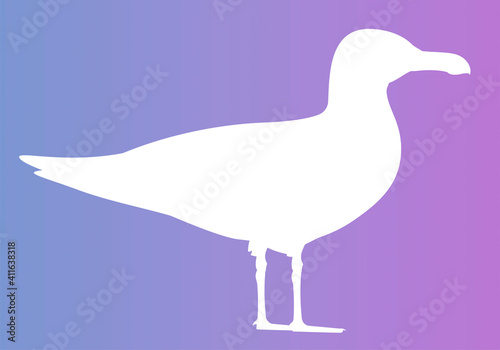 White silhouette of an oceanic sea gull on a violet-blue background. The outlines of a standing bird
