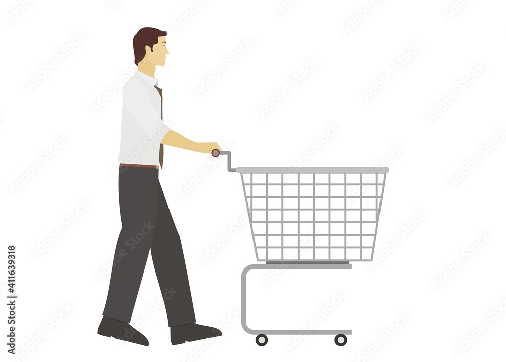 Young man pushing shopping trolley. Simple flat illustration