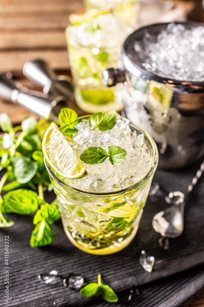 Mojito or virgin mojito long rum drink with fresh mint, lime juice, cane  sugar and soda foto de Stock | Adobe Stock