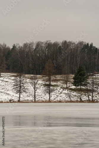 Fototapeta Naklejka Na Ścianę i Meble -  Typical Polish winter landscape. Frozen lake and forest. Selective focus. Rzeck village, Masuria, Poland. 