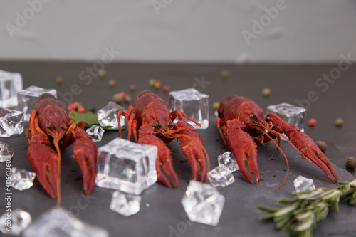 Delicious boiled crayfish close-up on a stone plate with lemon and parsley. Black background. photo