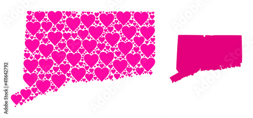 Love mosaic and solid map of Connecticut State. Mosaic map of Connecticut State is composed with pink hearts. Vector flat illustration for dating conceptual illustrations.