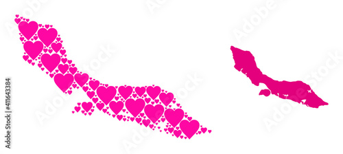 Love pattern and solid map of Curacao Island. Mosaic map of Curacao Island is composed with pink lovely hearts. Vector flat illustration for marriage abstract illustrations.