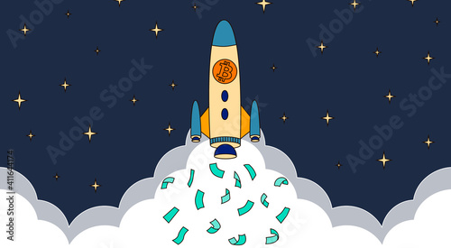 Bitcoin skyrocketing to the moon. cryptocurrency rising price concept. BTC wealth. vector illustration. Money are flying instead of fuel