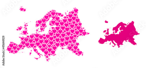 Love pattern and solid map of Europe. Collage map of Europe composed with pink love hearts. Vector flat illustration for love abstract illustrations.