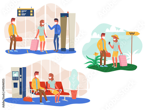 People in face mask with luggage check temperature at airport