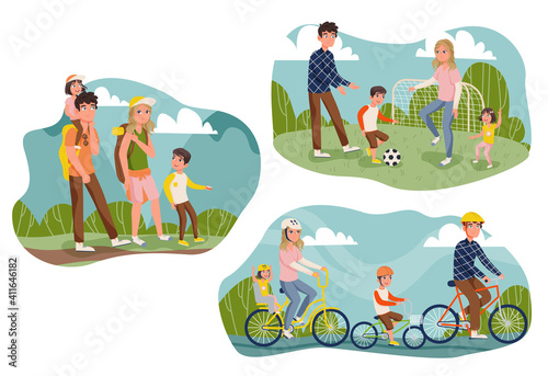 Family go hiking, play football and ride a bike.